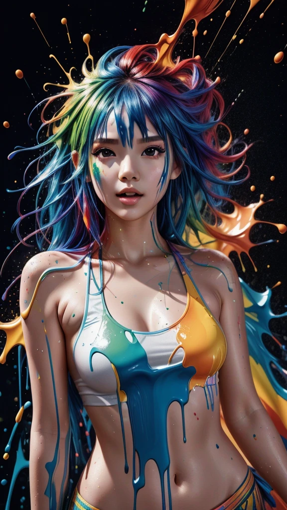 1girl,(super cutenessFace),(liquid paint hair:1.1) ,thick flowing,(paint splatter:1.3),Liquid state,stunningly beautiful, masterpiece, detailed background,ultra high quality model, ethereal background,abstract beauty, explosive volumetric, oil painting,Sub-Surface Scatterring,8k,high resolution, dreamy,ray tracing,hdr,god rays,(angle below)