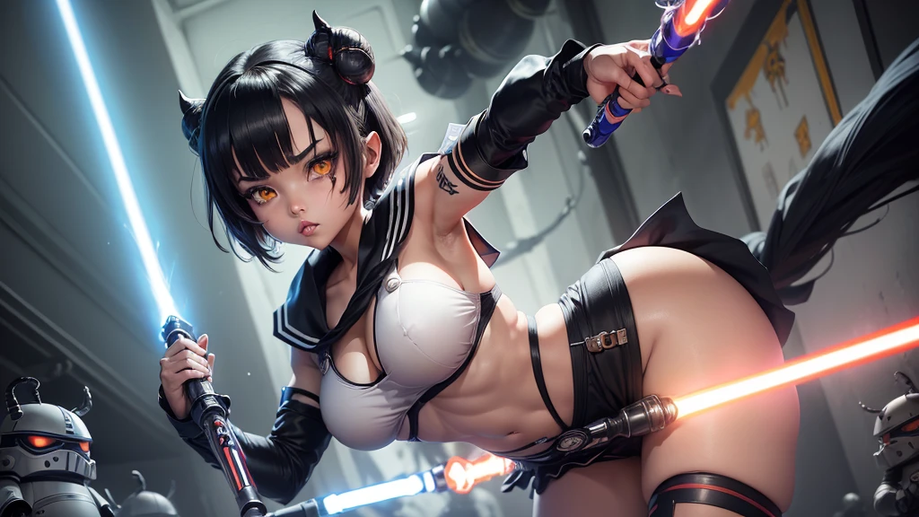 (Black and white Anime Line Art)(Line Art) (extreme complexity, two subjects unique and individual) (subject 1:A sexy Sith Warlord (alien, big breasts, no hair many small horns instead, demon eyes, many fierce and evil tattoos, small fighting costume, looks unhinged, wielding a evil light saber)) is challenging a (subject 2: Japanese Jedi woman (big butt, small breasts, sailor school outfit with scifi gadgets, short hair, big eyes, calm and composed, masterfully wielding her light saber)), set in a sci-fi high technology building
