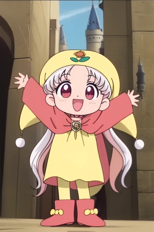 SilverOujo, 1girl, solo, yellow_headwear, wand, long hair, twintails, smile, red eyes,  open mouth, cape, full body, holding,  boots, white hair, yellow headwear, holding wand, pink hair, pantyhose, long sleeves, :d, standing, outstretched arms,
castle in the room, 1girl, soro, chibi, 
masterpiece, high quality, very_high_resolution, large_filesize, full color, 1990s \(style\), anime, anime_screencap, animated gif, mp4 ,video, animated,