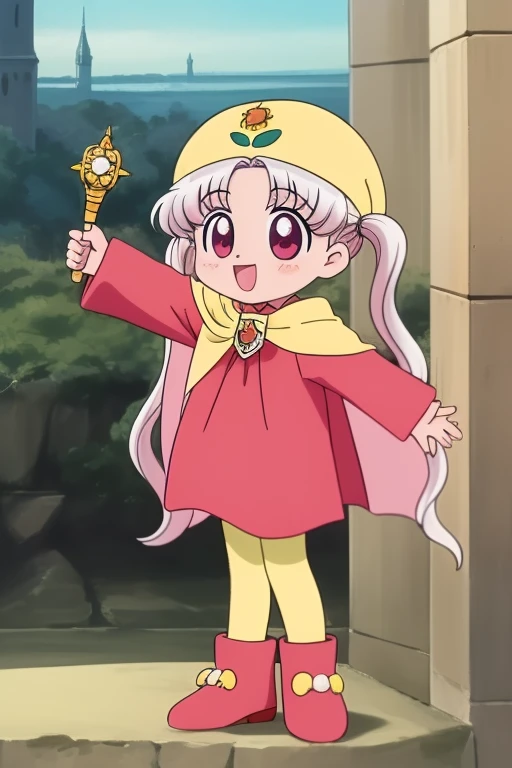 SilverOujo, 1girl, solo, yellow_headwear, wand, long hair, twintails, smile, red eyes, open mouth, cape, full body, holding, boots, white hair, yellow headwear, holding wand, pink hair, pantyhose, long sleeves, :d, standing, outstretched arms,
castle in the room, 1girl, soro, chibi,
masterpiece, high quality, very_high_resolution, large_filesize, full color, 1990s \(style\), anime, anime_screencap, animated gif, mp4 ,video, animated,