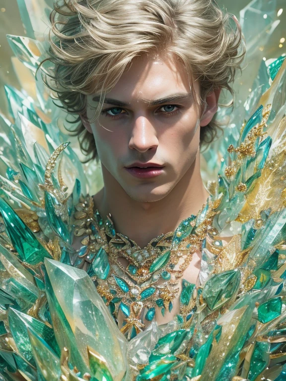(realistic, Masterpiece, best quality, height, Highly detailed), Handsome young man poses nude surrounded by crystal, The identity of the crystal as a human, 18 year old male, bright colors, realistic light, SPARKLING REFLECTION, Bright and radiant skin, Chisel body, intense stare, striking features, Well-defined jaws, messy hair, Confident and relaxed posture, artistic elements, Elegant and elegant gestures, Fascinating and mesmerizing expression, The man's body is covered with delicate and complex crystals., Create a mesmerizing and ethereal effect., Impeccable attention to detail, Flawless surface rendering, The perfect combination of realism and fantasy, Incredible depth and dimensions, The difference that attracts attention between the smoothness of men's skin and the texture of the crystals, The combination of the human shape with the crystal that surrounds it seamlessly, Causes a sense of elegance, beauty, and mystery, A powerful symbol of purity and strength, embodied by the elements of the crystal., Expertly applied shadows and highlights to enhance the three-dimensional quality of the image., Expertly using colors to create a dream-like atmosphere, Delicate and delicate light and shadow, Create beautiful, spectacular and emotional scenes, Exquisite workmanship and skillful execution, capturing the essence of both the human form and the ethereal beauty of crystals, Create an impressive and memorable viewing experience.front view,full body image,((((Convex crotch))))