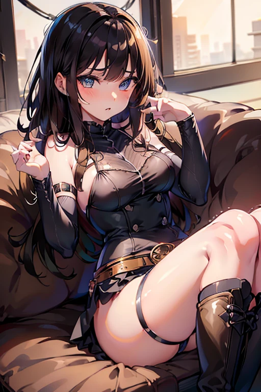 (Make the subject look three-dimensional with the contrast of light and shadow),Cute and beautiful 22yo girl,(masterpiece:1.2), best quality, high resolution, unity 8k wallpaper, (illustration:0.8), (beautiful detailed eyes:1.6), extremely detailed face, perfect lighting, extremely detailed CG, (perfect hands, perfect anatomy),Brown hair,watching at viewers,black suspenders,(Bulging ,big breasts:1.1),tacticul jacet,Black miniskirt,garters,Gaze,Small face,bangss,holster,Belt Armament,Beautuful Women srestrained,hands up,sitting Lying in bed,Leg holster ,Gaze,black boots,panty shot