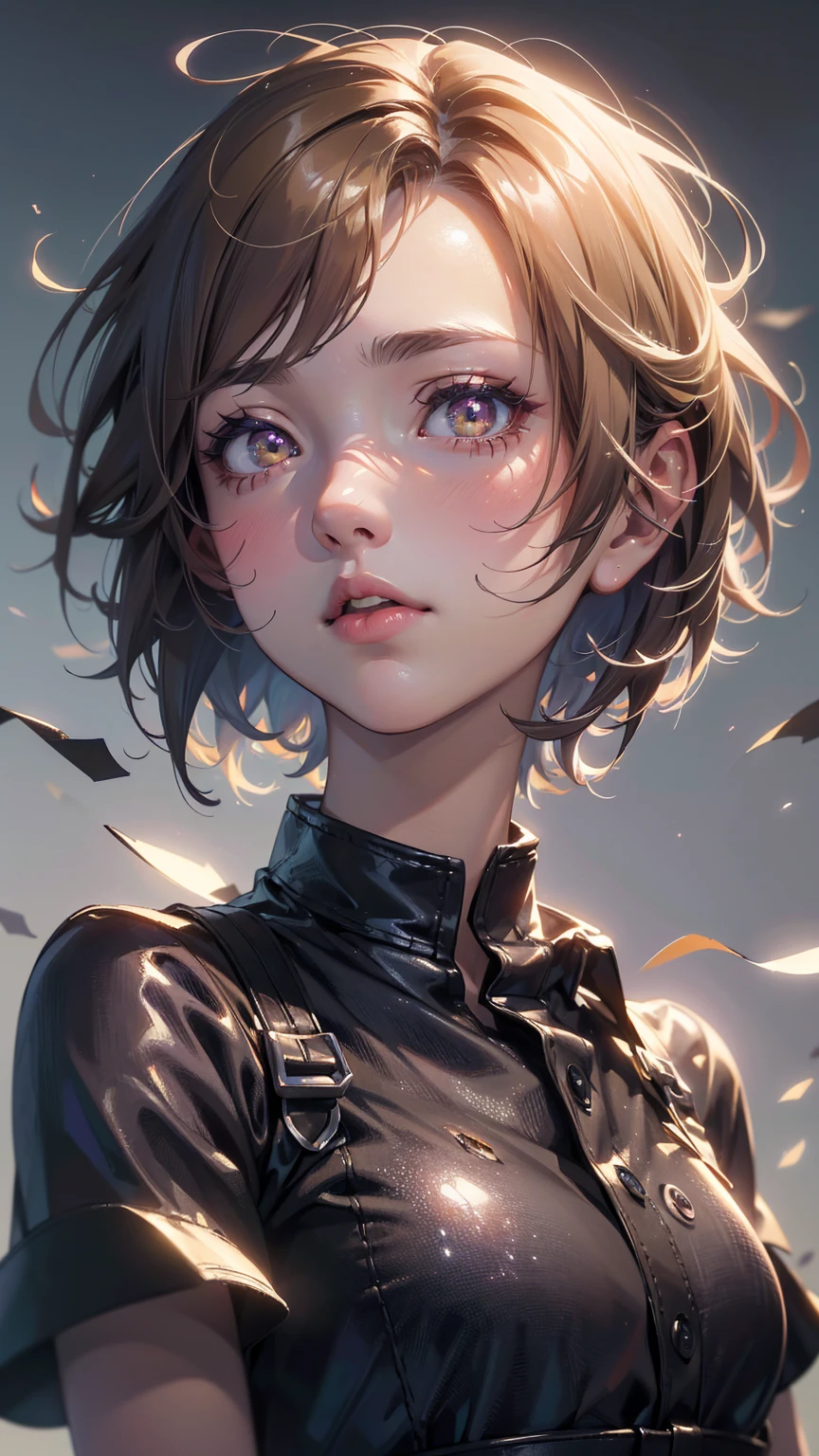 (Highly detailed CG unit 8k wallpaper, masterpiece, High resolution, highest quality, natural skin texture), (20 year old woman, detailed eyes, gradient eyes, Asymmetrical short hair), anime style, hyper realistic, digital painting,