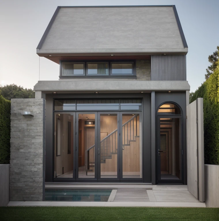 a rendering of a modern house and a garden,  modern style, beautiful roof, red roof realistic, green grass ultra realistic, grass garden in the front yard, wall with natural stone, (slated stone), windows  have blind, doors  have blind,  plants on in front of house, at sunset ultra realistic, interior lights ultra realistic, exterior design, high quality rendering, subdivision, highly realistically detailed, award-winning render, complex and detailed