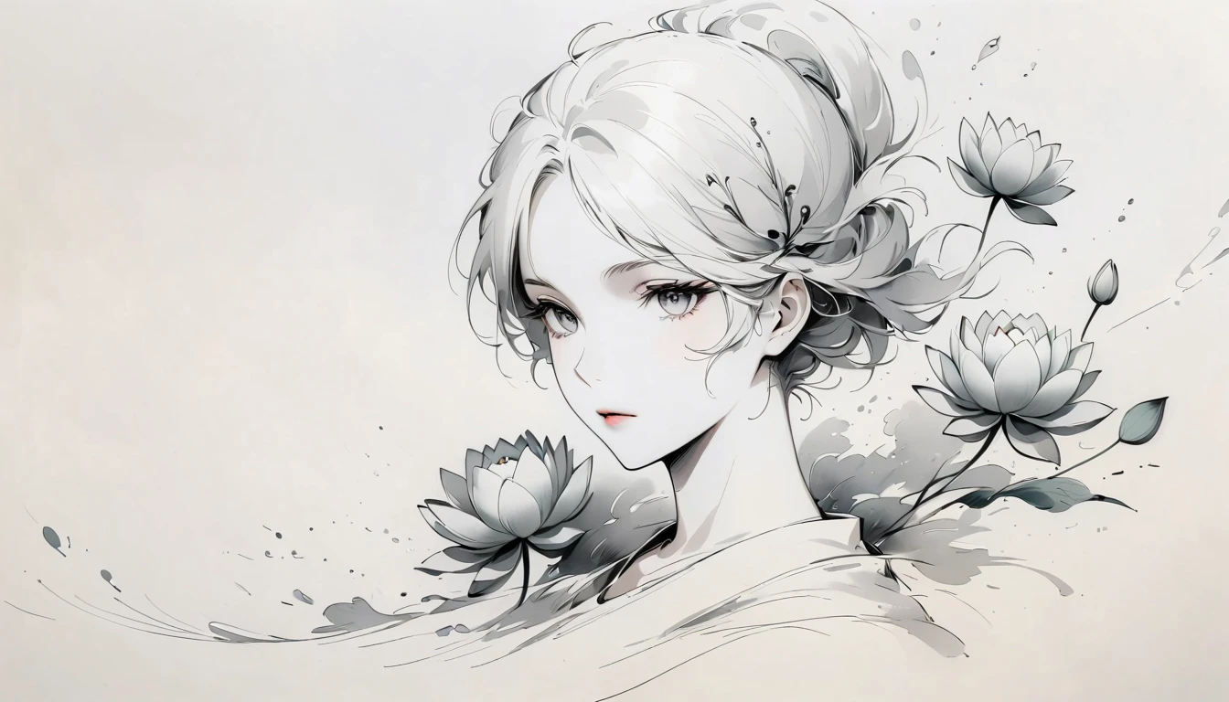 (Anime line drawing:1.5),(black and white painting:1.45),Minimalism,(line art:1.6),sketch,Charcoal drawing,mask,lotus