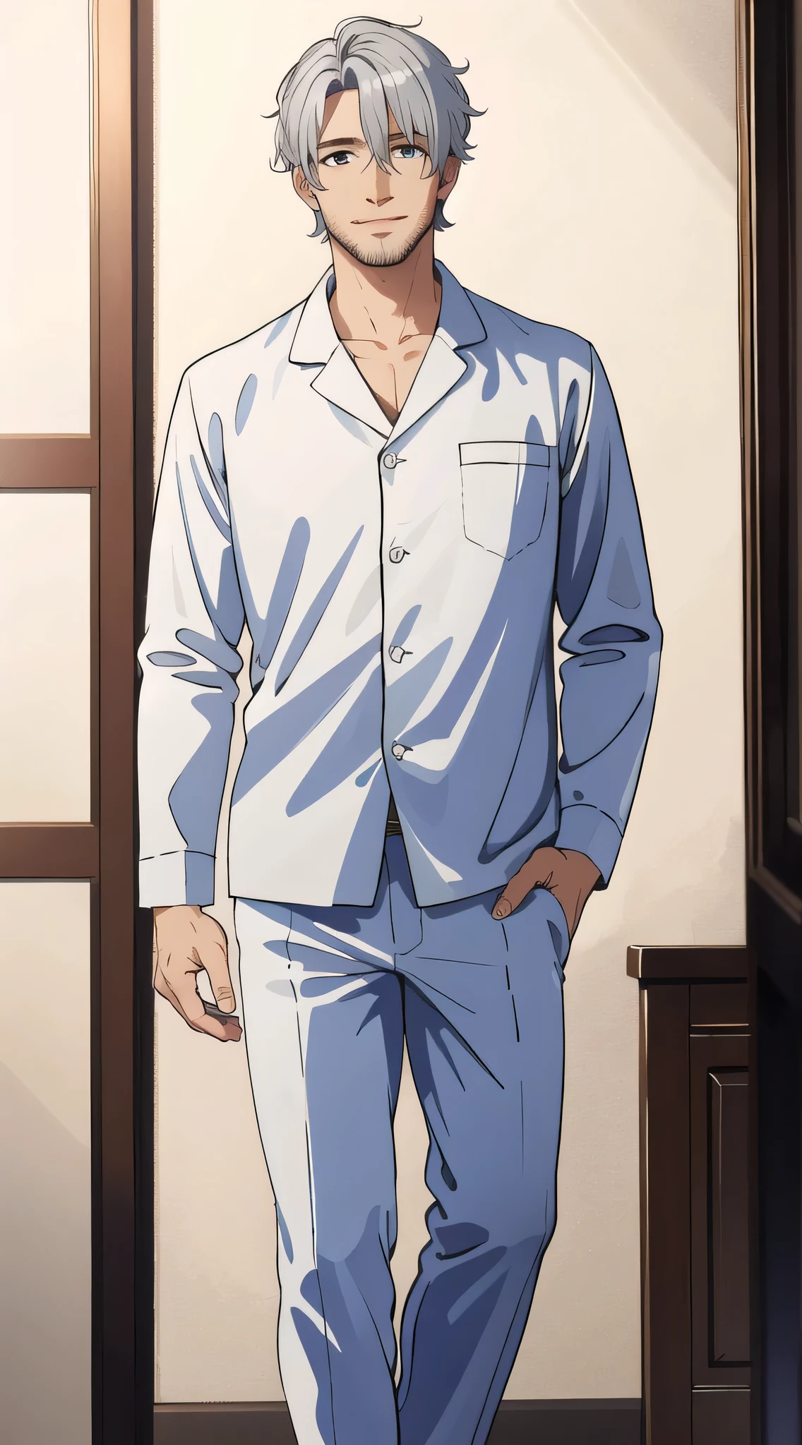 (highest quality, masterpiece,Standing picture), whole body, 1 male, 40 years old, wonderful, a handsome guy, gentle smile, silver hair, pajamas,