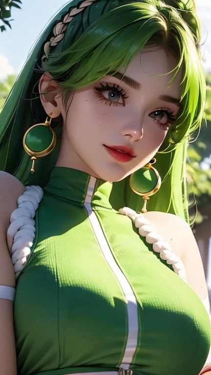 3D a is pele morena escura, (((solo))), telegram sticker, in the park sitting on the tree, skinny, super huge breasts, creating a soft, skirt female, crop top look, short sleeve hoodie, big hoop earings(((retrato realism))) (((green hair))), (((close-up detailed facial features: 1.15))), (((ringlets, bangs hair))), , profile image, standing confidently, she is the center of the garden, smiling face, listing image, 8k, dreams
