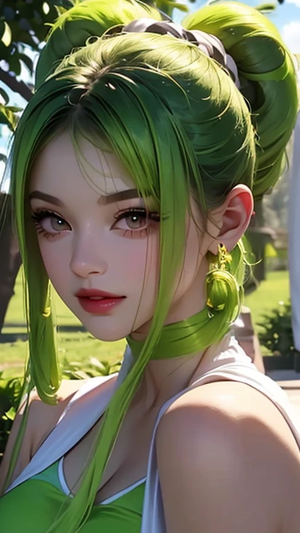 3D a is pele morena escura, (((solo))), telegram sticker, in the park sitting on the tree, skinny, super huge breasts, creating a soft, skirt female, crop top look, short sleeve hoodie, big hoop earings(((retrato realism))) (((green hair))), (((close-up detailed facial features: 1.15))), (((ringlets, bangs hair))), , profile image, standing confidently, she is the center of the garden, smiling face, listing image, 8k, dreams