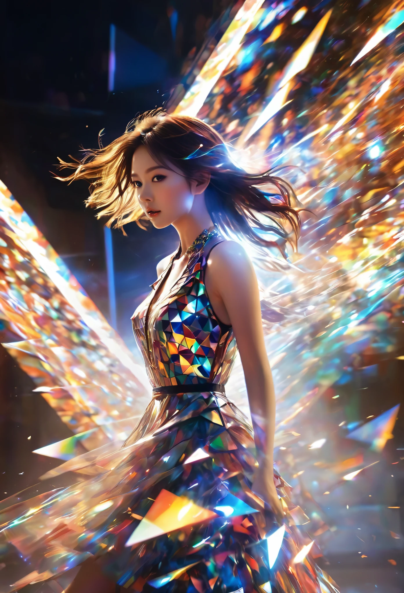 1girl，beautiful，blingbling，Motion blurred，triangle，Movie-level lighting effects