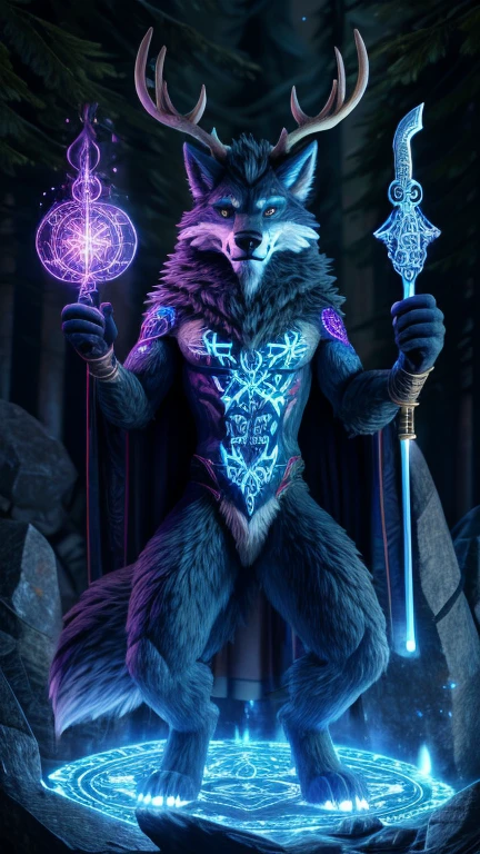 A blue fursuit with magical runes tattooed on its body, an elemental wizard who controls the powers of nature. An ancient wolf with stag horns, a wise druid who possesses knowledge of plants and animals. A wizard wolf with a magic staff, a powerful spellcaster who can control the forces of good and evil. Nude ultra HD 4K VrChat