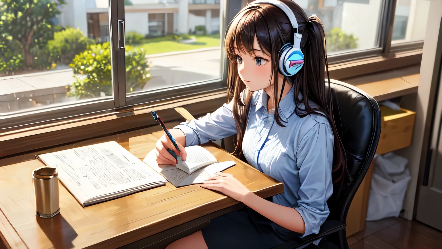 A girl sitting in a chair and studying while listening to music. Stylish interior