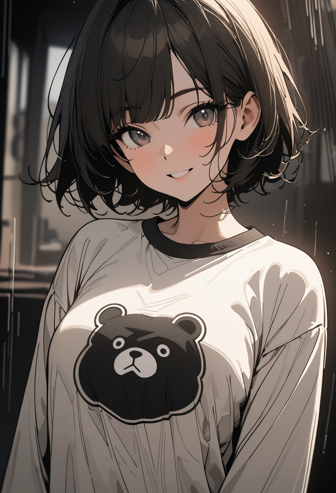 Comic Line Art，black and white line drawing，Black and White，girl，short hair，Qi bangs，Bear pattern sweatshirt，Smile，bust，Clear and smooth lines，8k，masterpiece