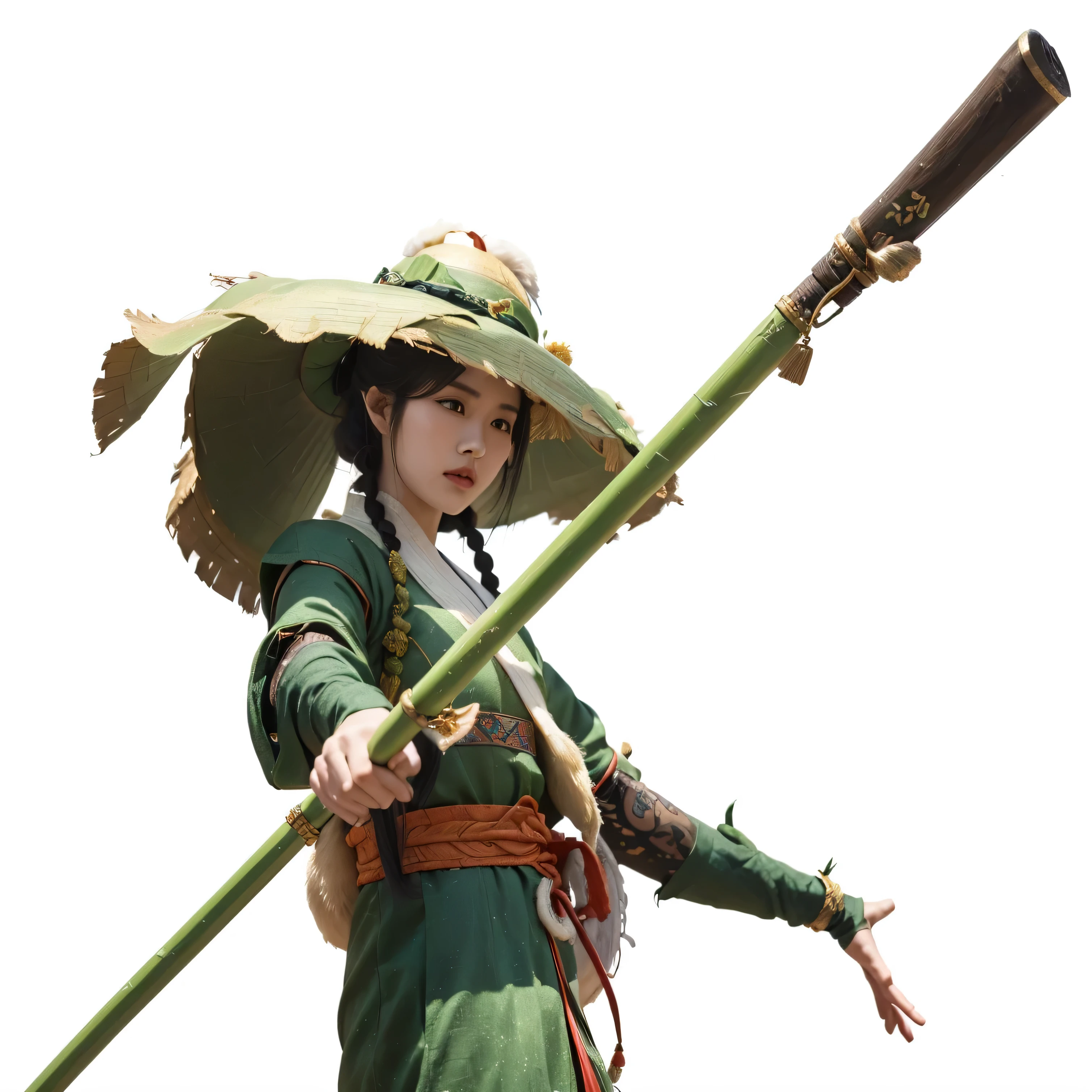 there is a woman wearing a hat and a green dress, as a character in tekken, inspired by Li Mei-shu, yun ling, mai shiranui, kunoichi, xianxia hero, inspired by Cao Zhibai, inspired by Leng Mei, inspired by Wu Zuoren, lei min, masuimi max, mei-ling zhou