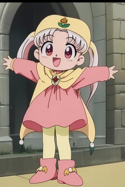 SilverOujo, 1girl, solo, yellow_headwear, wand, long hair, twintails, smile, red eyes, open mouth, cape, full body, holding, boots, white hair, yellow headwear, holding wand, pink hair, pantyhose, long sleeves, :d, standing, outstretched arms,
castle in the room, 1girl, soro, chibi,
masterpiece, high quality, very_high_resolution, large_filesize, full color, 1990s \(style\), anime, anime_screencap, animated gif, mp4 ,video, animated,