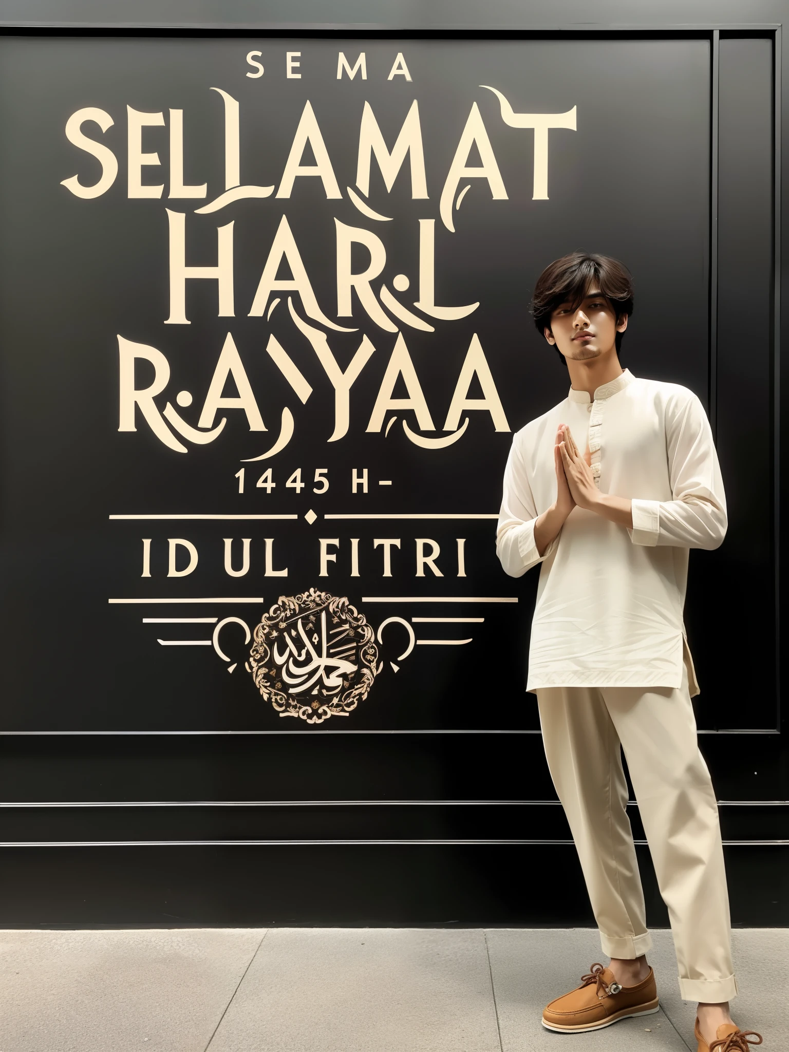 arafed man standing in front of a sign that says selammat har kaya, inspired by Osman Hamdi Bey, official store photo, wearing a silk kurta, hurufiyya, 155 cm tall, wearing a kurta, inspired by Yan Hui, dressed in a jodhpuri suit, 165 cm tall, ruan ji, #