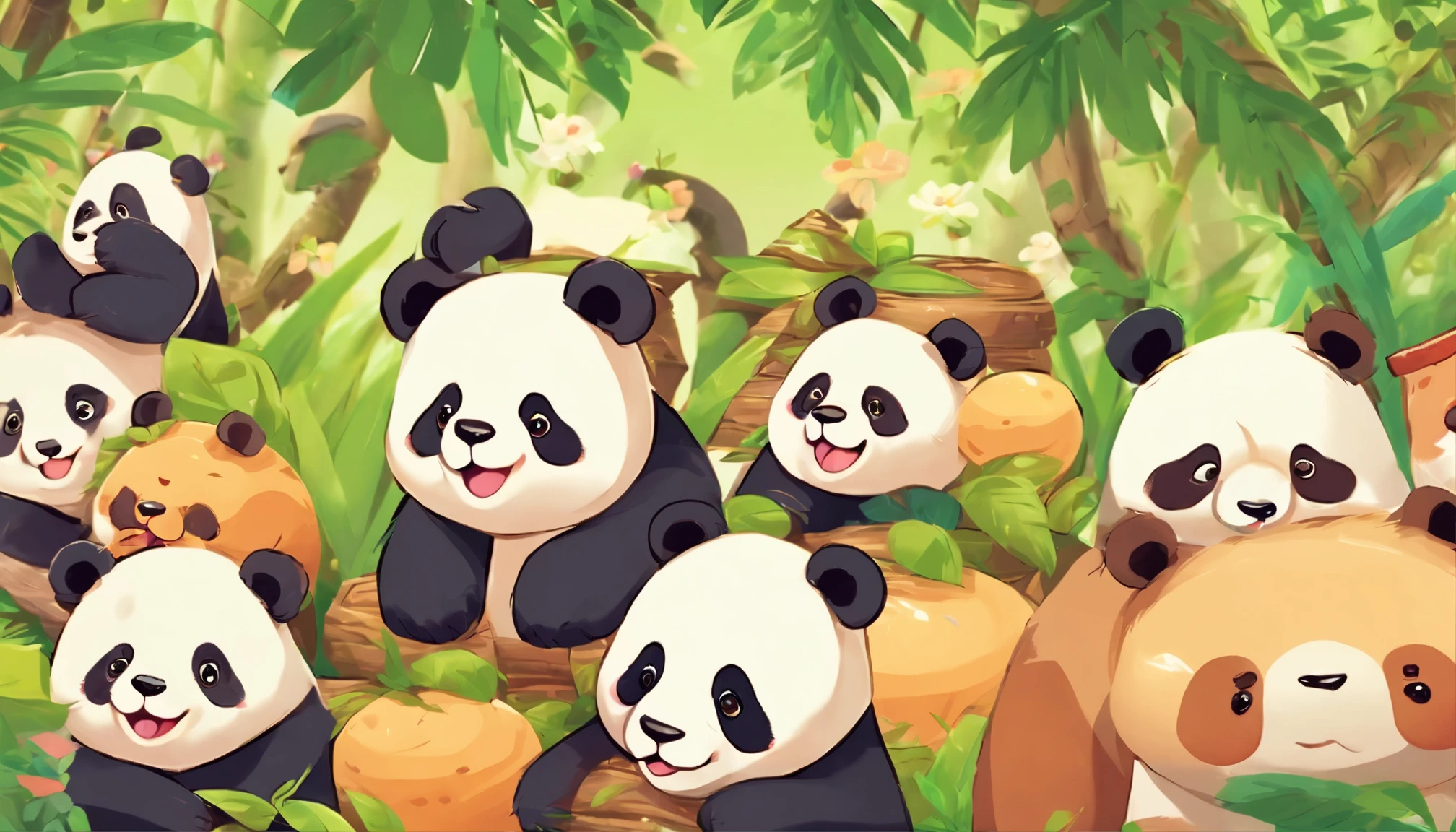 (best quality,4k,8k,highres,masterpiece:1.2),ultra-detailed,(realistic,photorealistic,photo-realistic:1.37),Cute panda style meme cover photo,bamboo green background (best quality,4k,8k,highres,masterpiece:1.2),medium:illustration,playful pandas,adorable cartoon pandas,enjoying bamboo feast,cheeky expressions,cute chubby bodies,panda meme faces,funny captions,green bamboo leaves,lush bamboo forest,soft natural lighting,vivid colors,bokeh