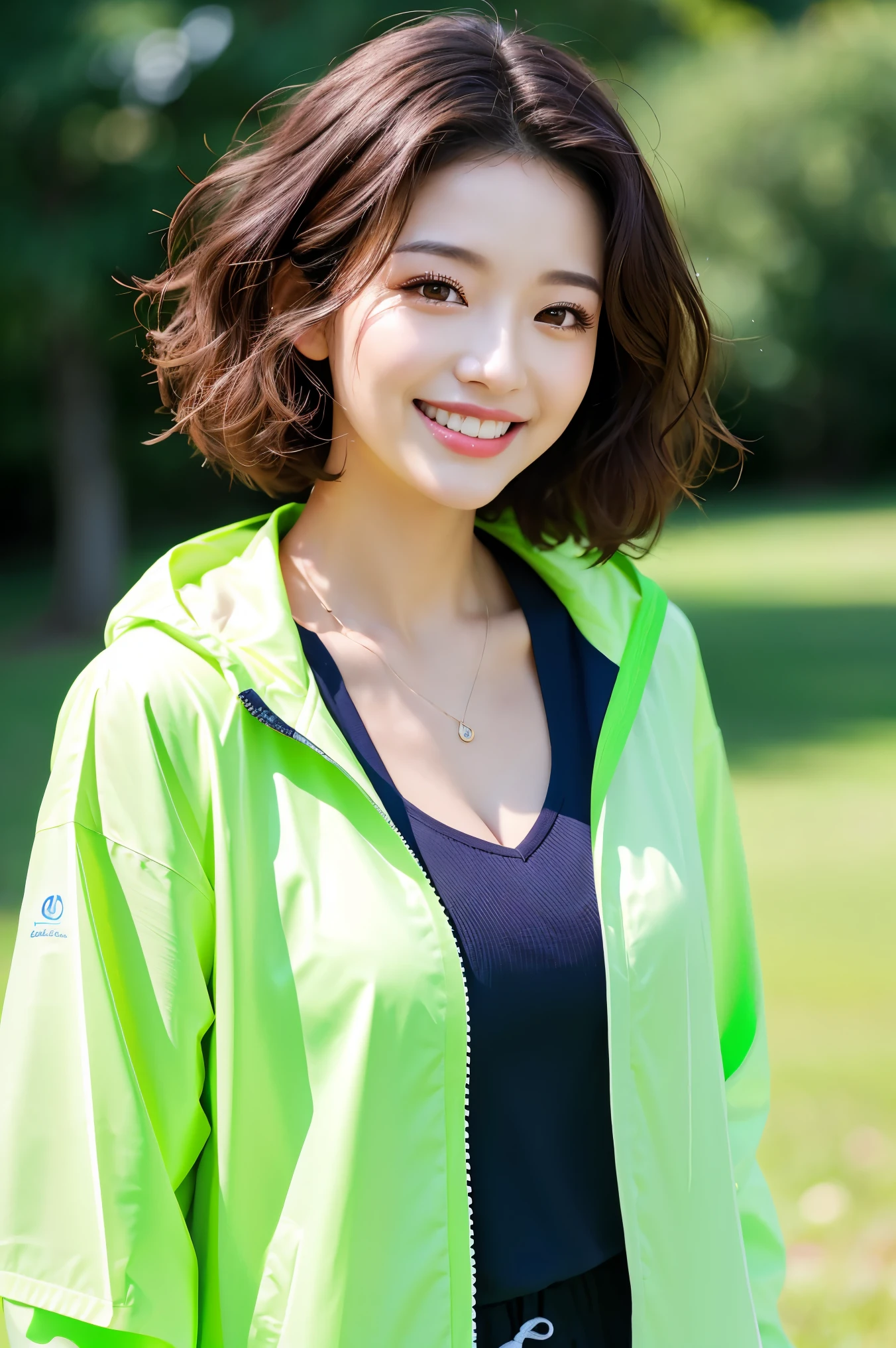 (highest quality、masterpiece、8K、Highest image quality、hyper realism、Award-winning work)、1 woman、(タイトでスタイリッシュなナイロン製のOpen Windbreaker:1.1)、(Open Windbreaker:1.1)、sportswear、(Very short curly hair:1.1)、Causal and harmonious windbreaker colors、Beautiful grass park background、strongly blurred park background、very bright and refreshing、the biggest smile when you look at me、accurate anatomy、natural makeup、Super high-definition glossy skin、Super high-definition glowing beautiful skin、Ultra high definition glossy lips、Super high definition beautiful teeth