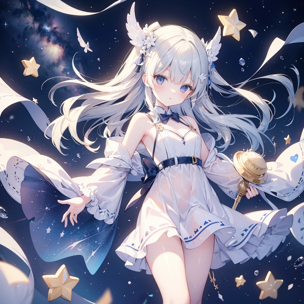 Bigboobs,No shoes,cropped shoulders,White knee-length stockings,White ta skirt,Star decoration