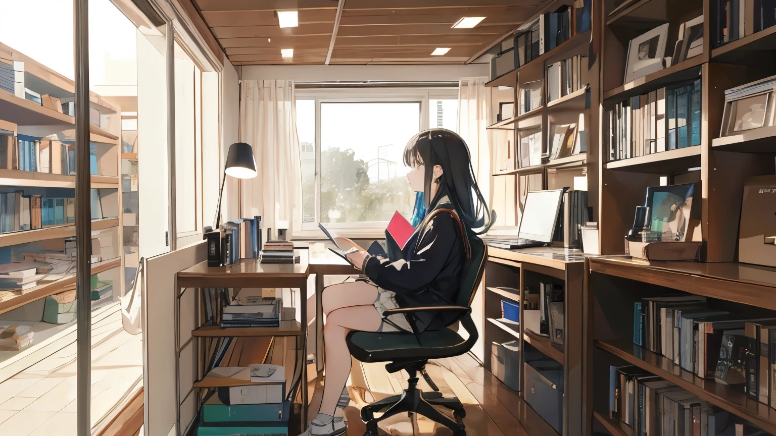A girl sitting in a chair and studying while listening to music. Stylish interior