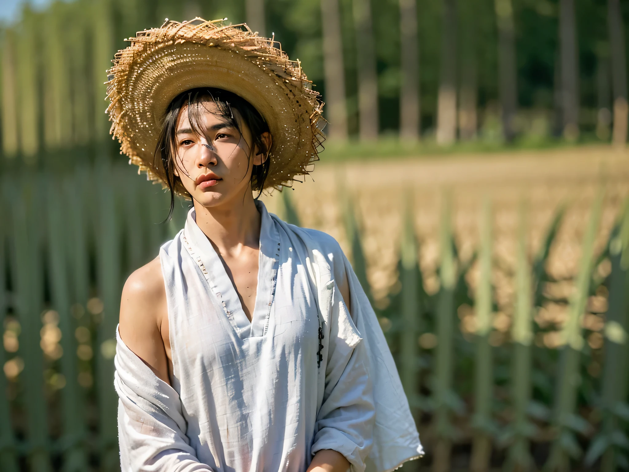 (best quality, highres, ultra-detailed, realistic:1.37), black and white, Chinese young man (aged 30）standing in a cornfield, holding a hoe. He is wearing a worn-out straw hat and clothes, showing signs of hard work. The sunlight casts a warm golden glow on his face, emphasizing the lines and details. In the background, his grandparents, with white towels tied around their necks, are working in the field. The composition is harmonious and balanced, with the man's confident posture and intense gaze capturing the viewer's attention. The overall scene exudes a sense of quiet strength and resilience, portraying the hardworking spirit of rural life in China.
