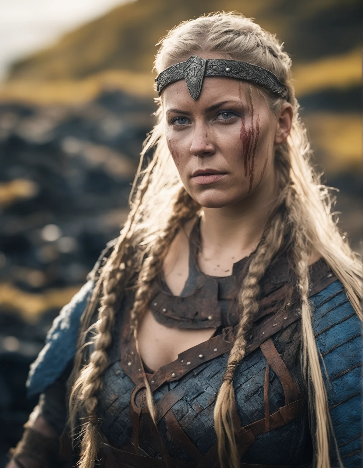 cinematic photofull shot of (((ohwx woman))) (viking woman), scandinavian, 35 years old, chubby,natural body, "Ingrid Mueller" (light blonde hair braids)(medieval viking clothing) in Hellblade: Senua's Sacrifice, emerging from black mud, long hair with dreads, war blue paint, paint fading, angry expression, dirty face, finely detailed eyes, moody, viking clothes, epic scene, epic composition, Photography, Cinematic Lighting, Volumetric Lighting, ethereal light, intricate details, extremely detailed volumetric rays . 35mm photograph, film, bokeh, professional, 4k, highly detailed
