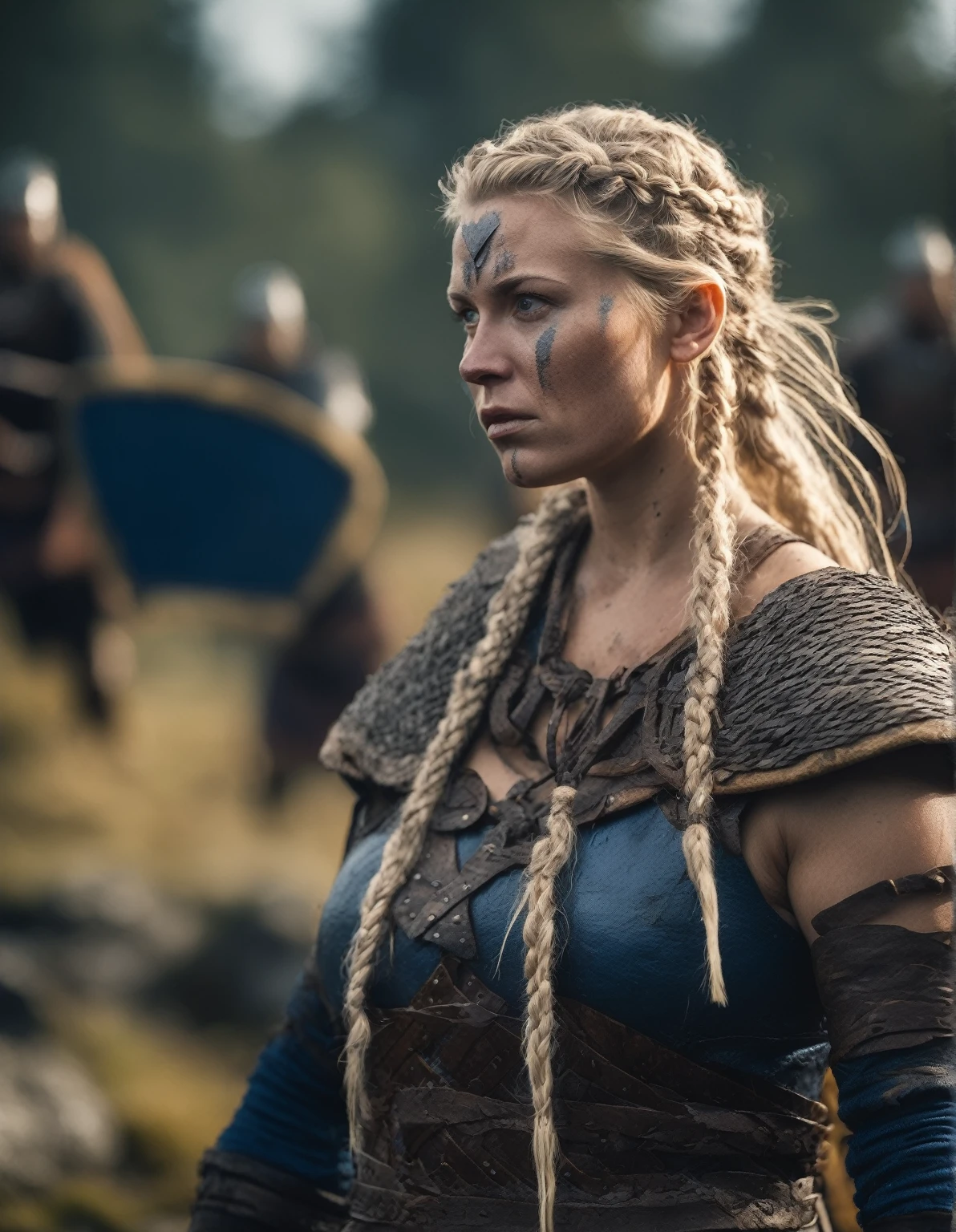 cinematic photofull shot of  (((ohwx woman))) (viking woman), scandinavian, 35 years old, chubby,natural body, "Ingrid Mueller" (light blonde hair braids)(medieval viking clothing) in Hellblade: Senua's Sacrifice, emerging from black mud, long hair with dreads, war blue paint, paint fading, angry expression, dirty face, finely detailed eyes, moody, viking clothes, epic scene, epic composition, Photography, Cinematic Lighting, Volumetric Lighting, ethereal light, intricate details, extremely detailed volumetric rays  . 35mm photograph, film, bokeh, professional, 4k, highly detailed