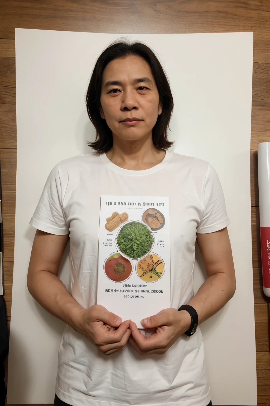 Draw an Asian elderly man, and around him draw various foods that symbolize nutrients. Then, draw a picture with a phrase on the food that briefly explains the importance of nutrients in Korean.