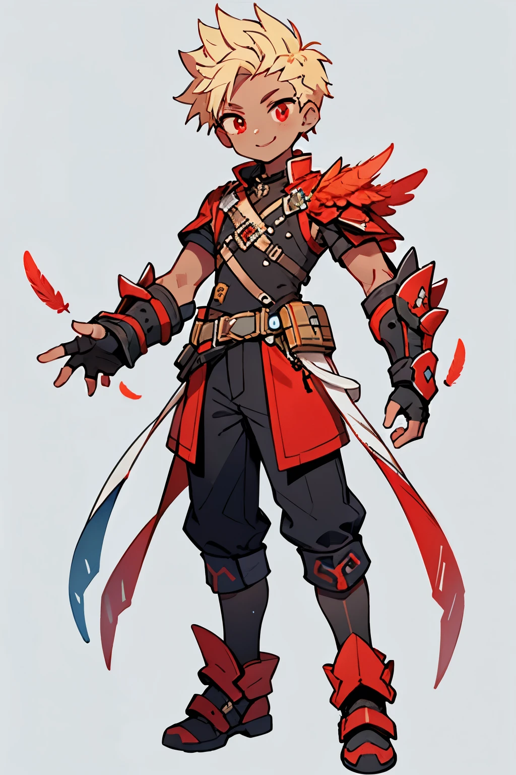 (Best Picture:1.2), (Best Quality:1.3), looking at viewer, grey background, full body, standing, finely detail, detailed face, full of details, highly detailed, 1boy, young boy, feathers, fighter, gauntlets, blonde hair, red eyes, dark skin, short hair, undercut hair, spiked hair, red streak, smile