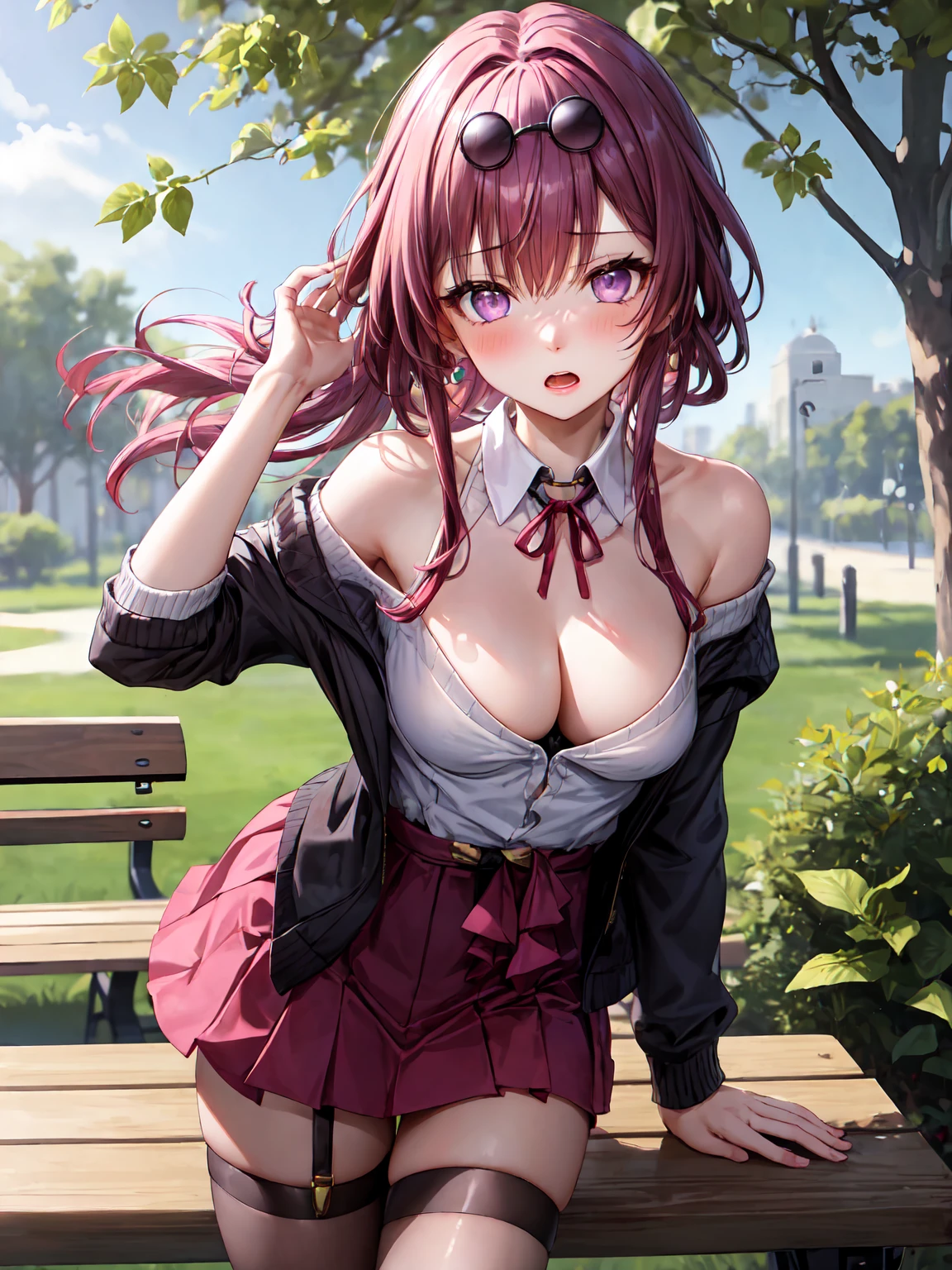 Masterpiece ,best quality , high resolution , ultra detail , colorful , soft light , mild light , sunlight , shinny , (perfect fingers , Detailed fingers, perfect hands) , (1 girl solo:1.38) , (sunglasses, eyeweard on head, purple hair, purple eyes ,neck-ribbon , hairband) , (bare shoulder , sweater , school_miniskirt:1.2 , belt , bow , stockings , ) , armband, thigh strap, ) , (standing ) , (leaning forward:1.28) , ((girl+one hand pressing skirt pretending exposed) , (the other hand put on chest) , (cleavage:1.3) , (medium breast:1.3) (outdoor , strong wind , leaves , in park , bench , rest , strong wind) , ( full face blush , shy , open mouth:1.24 ) , (middle length shot:1.2 , knee_up-shot , close view , near shot) , (face viewer , look at the viewer)