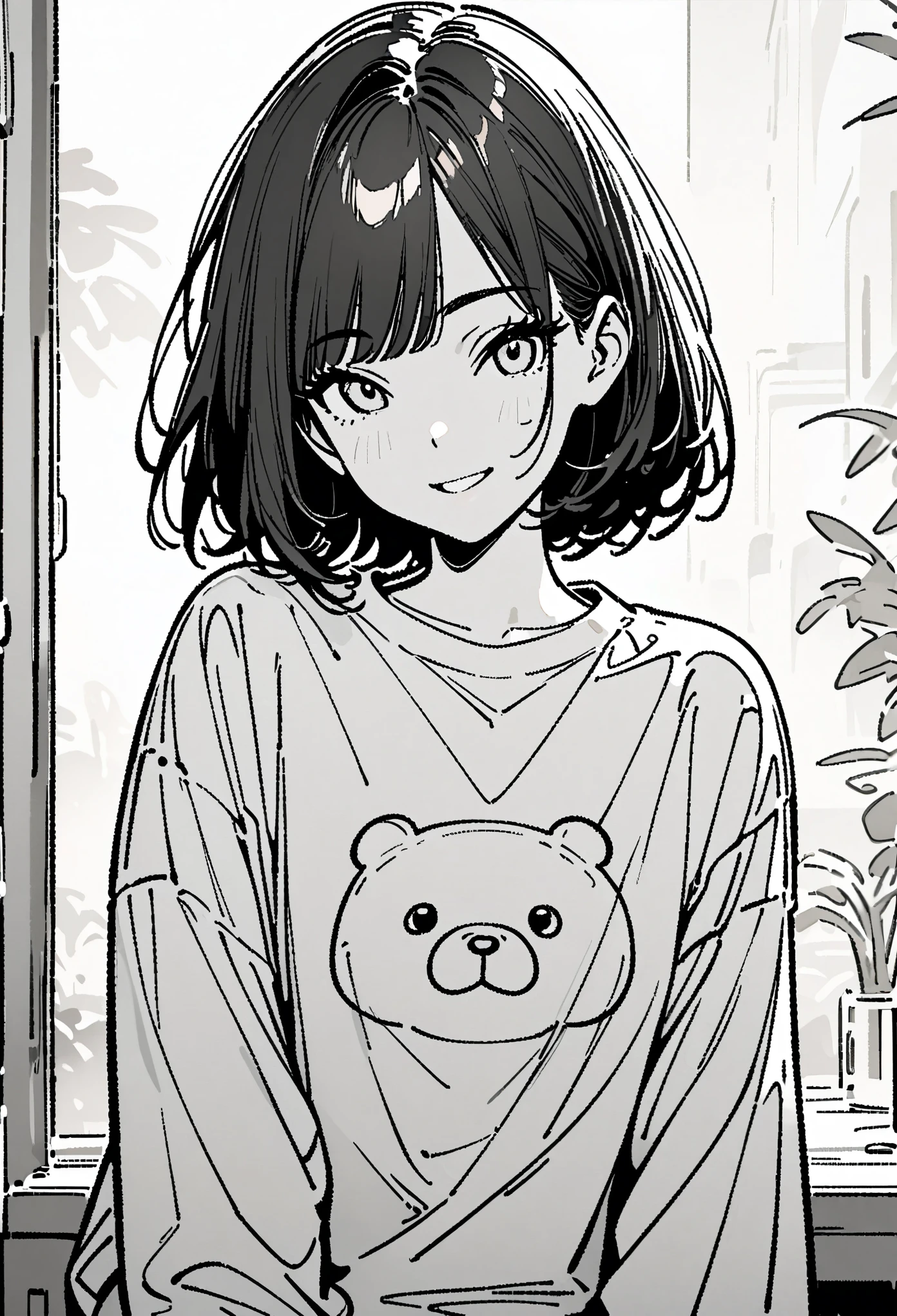 Line drawing，漫画Line drawing，黑白Line drawing，Black and White，girl，short hair，Qi bangs，Bear pattern sweatshirt，Smile，bust，Clear and smooth lines，8k，masterpiece