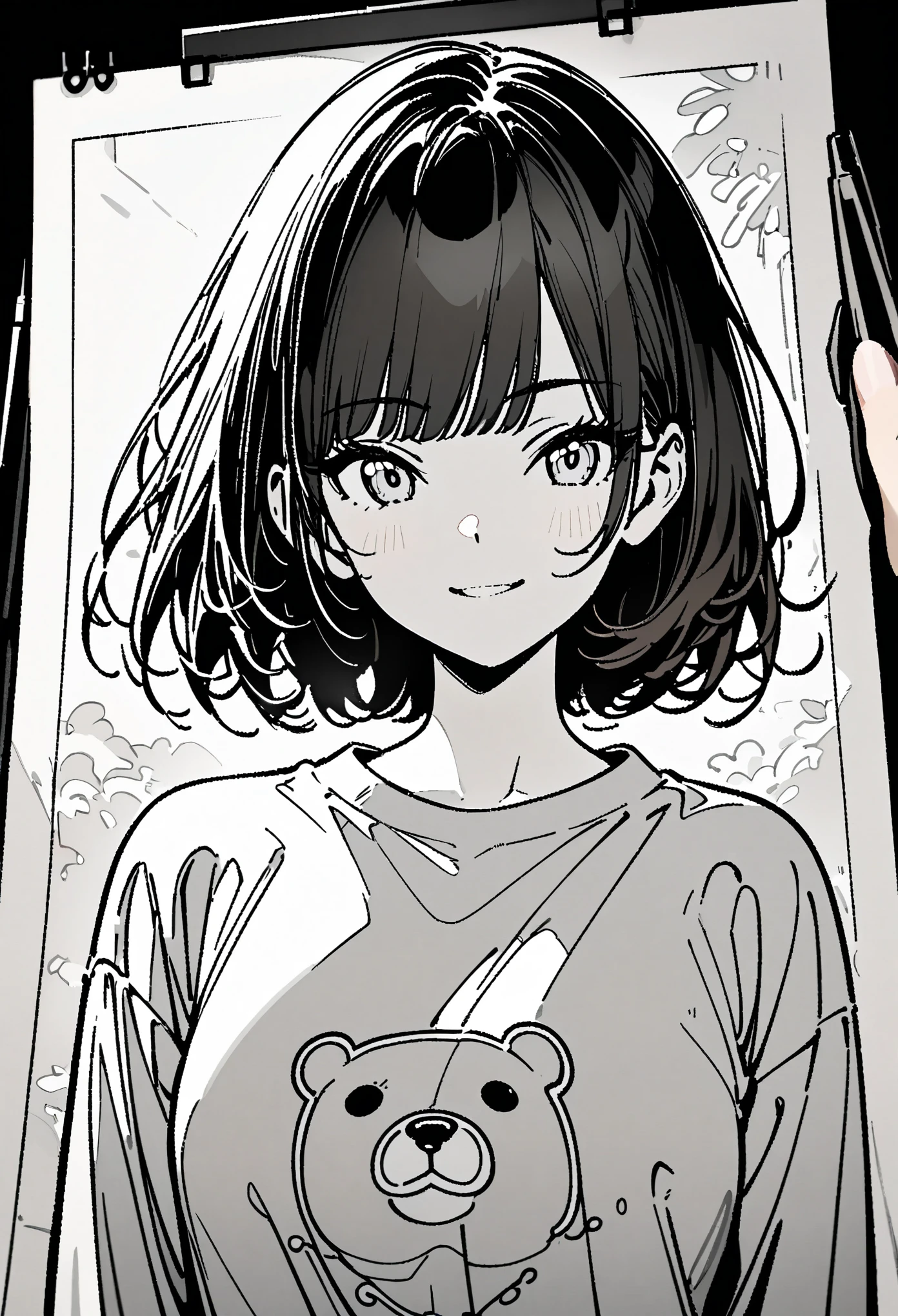 Line drawing,漫画Line drawing,黑白Line drawing,Black and White,girl,short hair,Qi bangs,Bear pattern sweatshirt,Smile,bust,Clear and smooth lines,8k,masterpiece