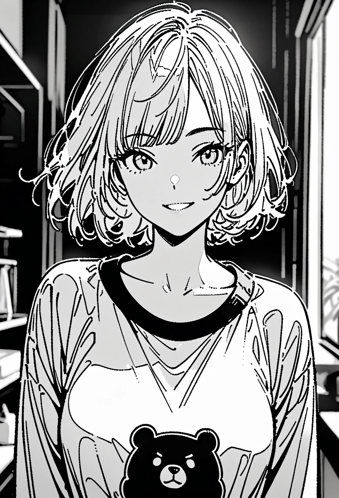 Line drawing,漫画Line drawing,黑白Line drawing,Black and White,girl,short hair,Qi bangs,Bear pattern sweatshirt,Smile,bust,Clear and smooth lines,8k,masterpiece