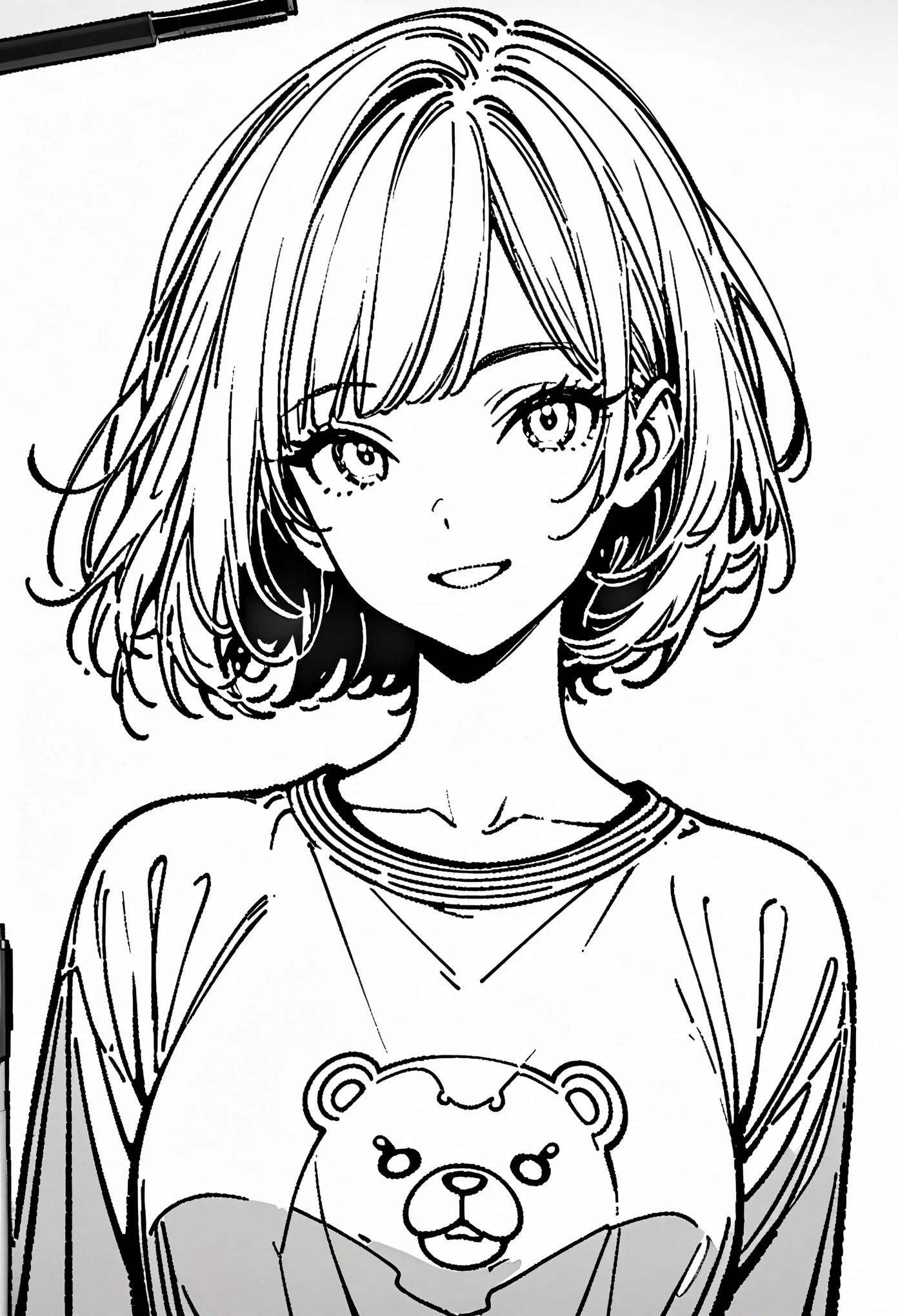 Line drawing，漫画Line drawing，黑白Line drawing，Black and White，girl，short hair，Qi bangs，Bear pattern sweatshirt，Smile，bust，Clear and smooth lines，8k，masterpiece