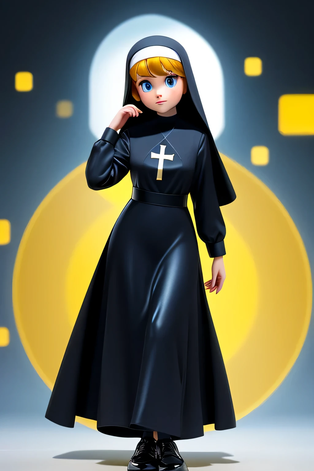 A nun girl, tall, medium-sized, big chest, yellow messy hair, shines long, her blue eye, a long black nun dress, and she is wearing her head. Parts of her outfit are covered with shiny blue lines, and she is wearing shiny black shoes.