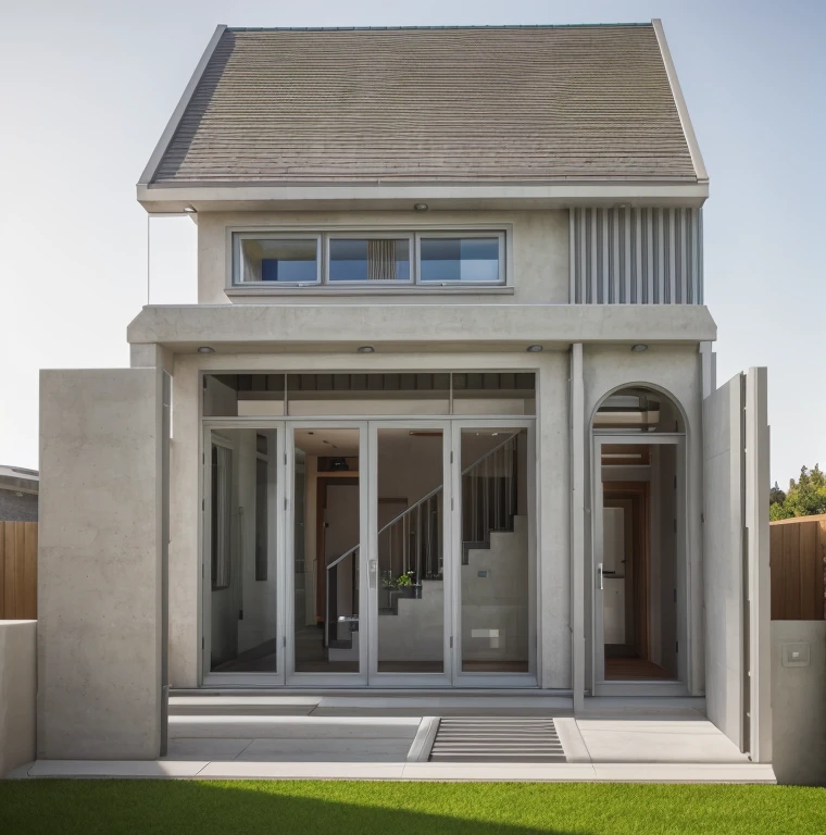 a rendering of a modern house and a garden, modern style, beautiful roof, red roof realistic, green grass ultra realistic, grass garden in the front yard, wall with natural stone, (slated stone), white wall, windows have blind, doors have blind, (plants on in front of house) , at sunset ultra realistic, interior lights ultra realistic, exterior design, high quality rendering, subdivision, highly realistically detailed, complex and detailed