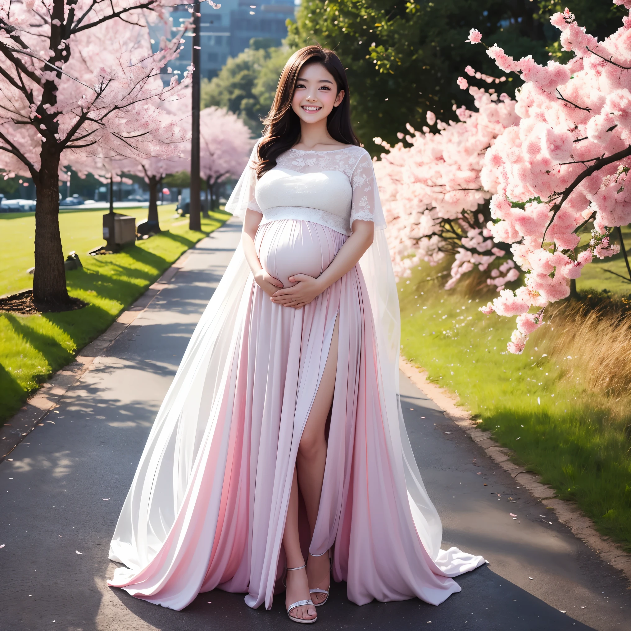 (highest quality、masterpiece、8K、best image quality、Award-winning work)、1 female、walk in the park、(pregnancy:1.3)、classy maternity clothes、See-through maternity wear、Lace decoration、perfect makeup、thin、The biggest smile looks at me、(standing full body photo:1.2)、perfect anatomy、Blurred cherry blossoms in full bloom,、Large grassy park、refreshing atmosphere、very bright and vivid、Beautiful eyes in super high resolution、Super high resolution perfect beautiful teeth、Ultra high definition beauty face、Ultra HD beautiful hair、perfect teeth alignment