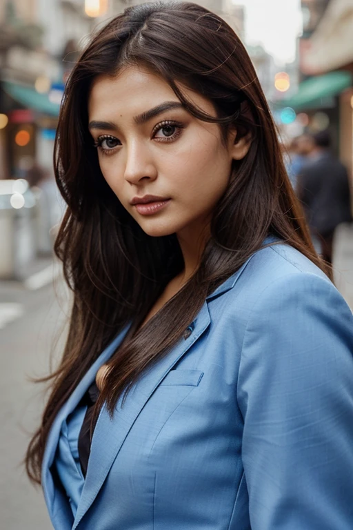 asian girl, long brown hairs , ear visible,hunter eyes, eye color blue , eyelashes, blue suit, perfect anatomy, sharp jawline, realistic photo looking like aishwarya rai
