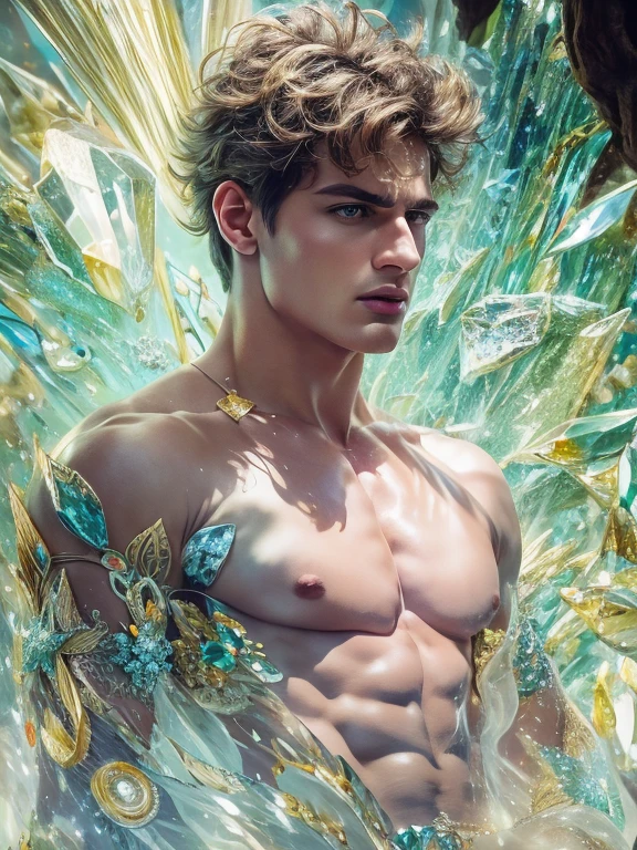 (realistic, Masterpiece, best quality, height, Highly detailed), Handsome young man poses  surrounded by crystal, The identity of the crystal as a human, 18 year old male, bright colors, realistic light, SPARKLING REFLECTION, Bright and radiant skin, Chisel body, intense stare, striking features, Well-defined jaws, messy hair, Confident and relaxed posture, artistic elements, Elegant and elegant gestures, Fascinating and mesmerizing expression, The man's body is covered with delicate and complex crystals., Create a mesmerizing and ethereal effect., Impeccable attention to detail, Flawless surface rendering, The perfect combination of realism and fantasy, Incredible depth and dimensions, The difference that attracts attention between the smoothness of men's skin and the texture of the crystals, The combination of the human shape with the crystal that surrounds it seamlessly, Causes a sense of elegance, beauty, and mystery, A powerful symbol of purity and strength, embodied by the elements of the crystal., Expertly applied shadows and highlights to enhance the three-dimensional quality of the image., Expertly using colors to create a dream-like atmosphere, Delicate and delicate light and shadow, Create beautiful, spectacular and emotional scenes, Exquisite workmanship and skillful execution, capturing the essence of both the human form and the ethereal beauty of crystals, Create an impressive and memorable viewing experience.front view,full body image,((((Convex crotch)))),big cockbig ,