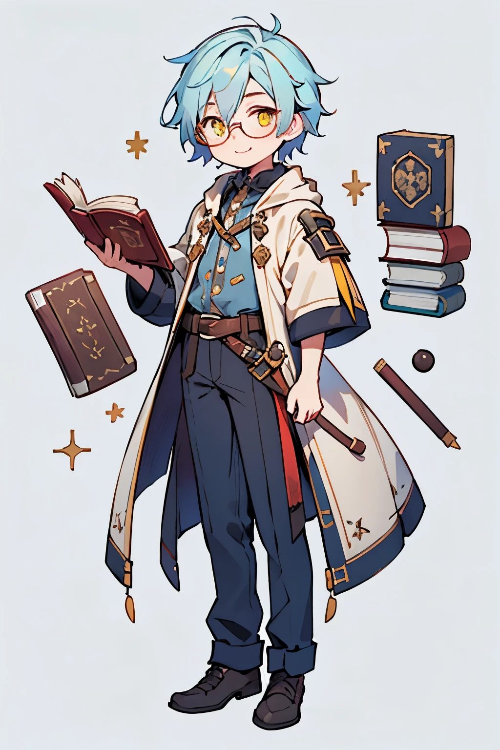 (Best Picture:1.2), (Best Quality:1.3), looking at viewer, grey background, full body, standing, finely detail, detailed face, full of details, highly detailed, 1boy, young boy, glasses, alchemist, light blue hair, yellow eyes, book, short hair, parted hair, smile