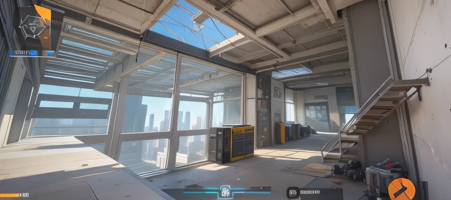 Close up of building interior on sky background, shoot it into a building, Frame rate view, high field of view, Game screenshots with UI, dynamic angle shooting, CS:Go to screenshot, Game screenshots, Indoor Game screenshots, Action scene screenshots, 9 0 degree field of view, FPS Games, in the game, Screen shot of fps, Overwatch Building