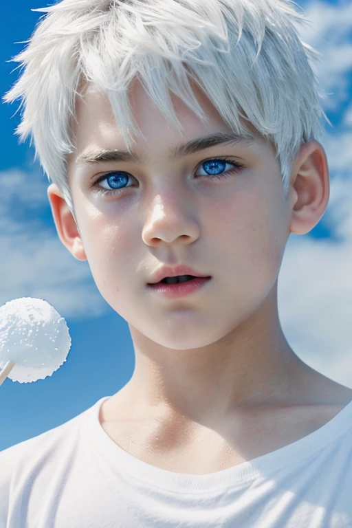 Half BODY PHTOREALISTIC  HANDSOME 8 years old JACK FROSt. Blue eyes. Wearing white t-shirts and short. Holding lollipop 