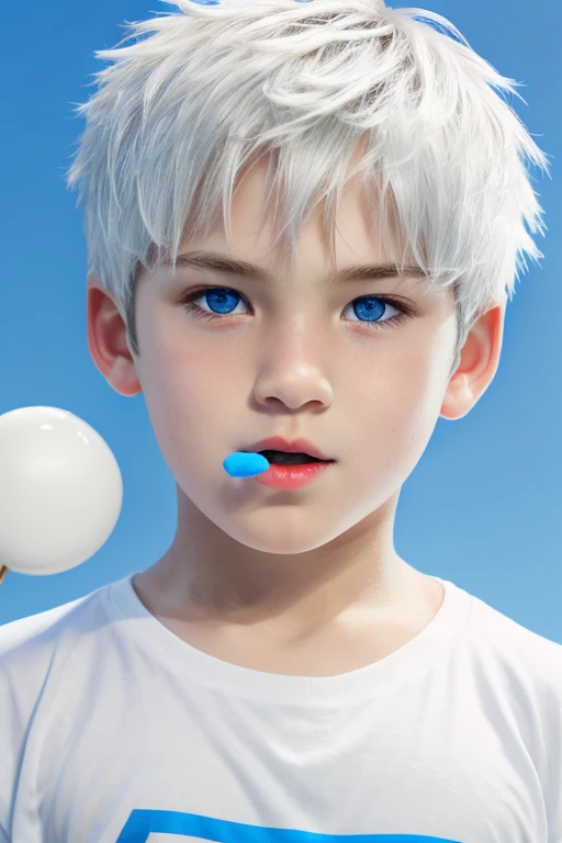 Half BODY PHTOREALISTIC  HANDSOME 8 years old JACK FROSt. Blue eyes. Wearing white t-shirts and short. Holding lollipop 