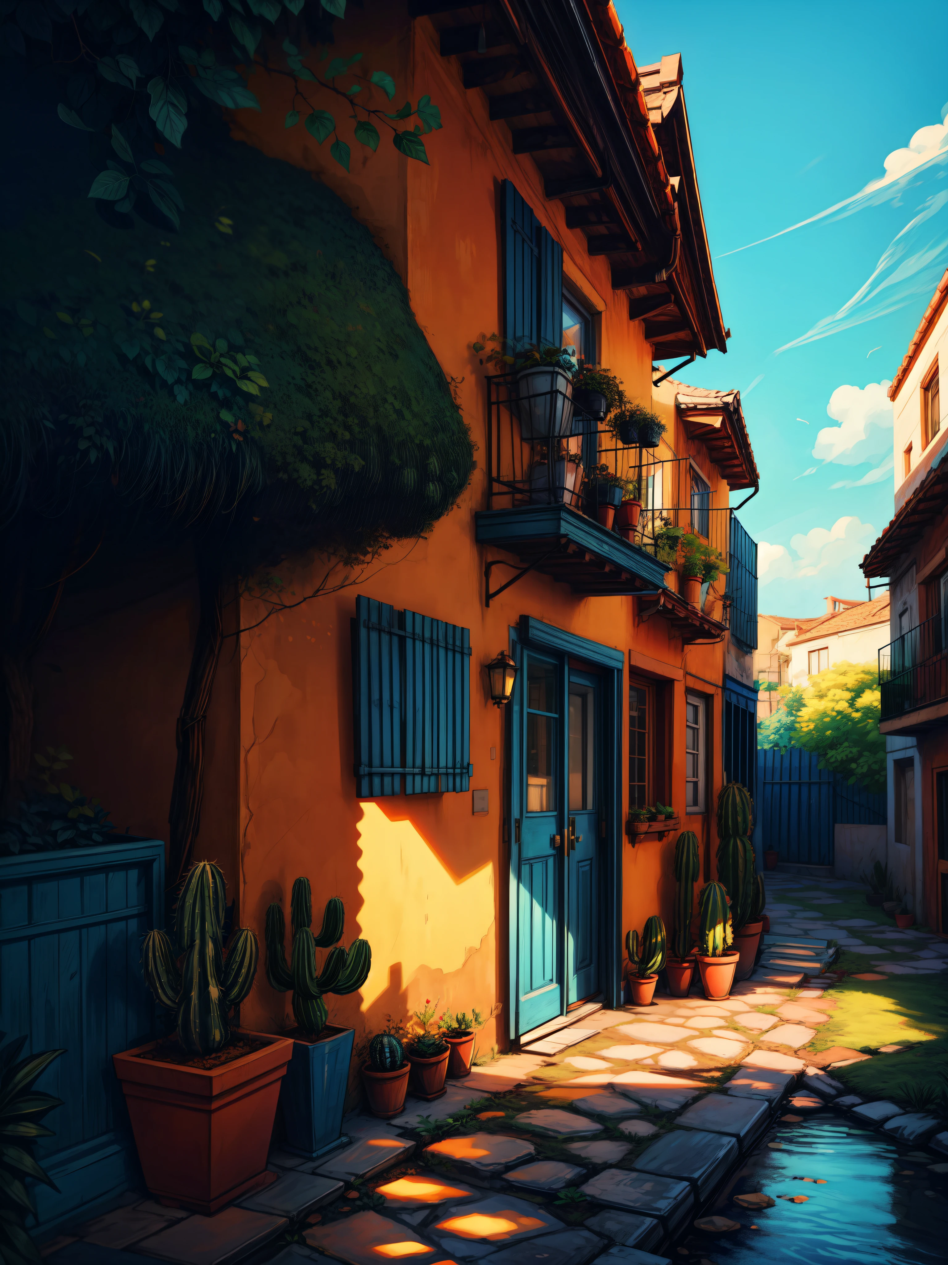 wide view, an orangish red two storey apartment, different species of cactus plants, marble floor, blue door, sunlight creating shadow, aesthetically beautiful, bright blue sky, day light, chill scene, shade, outdoors, vibrant tones, scenery, beautiful ambience, 8k, bright volumetric light, peaceful scene, light shining on part of foliage, micro landscape, intrinsic details