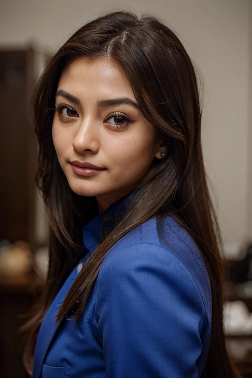 asian girl, long brown hairs , ear visible,hunter eyes, eye color blue , eyelashes, blue suit, perfect anatomy,little smile on face, blushing, sharp jawline, realistic photo looking like aishwarya rai