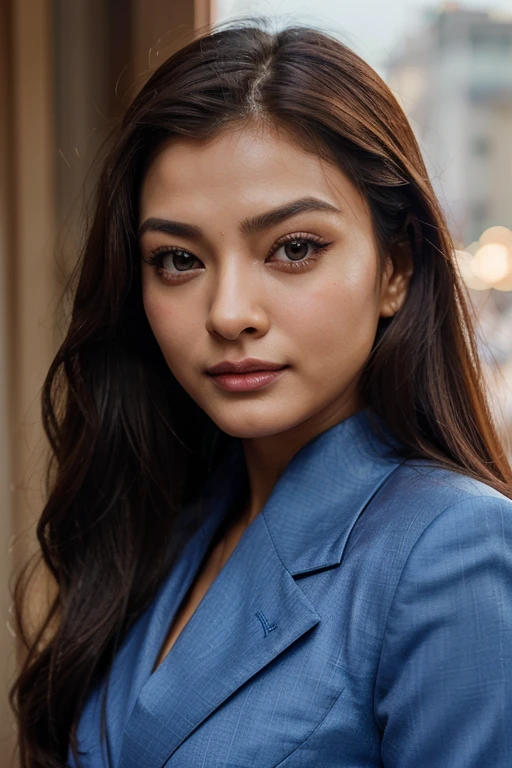 asian girl, long brown hairs , ear visible,hunter eyes, eye color blue , eyelashes, blue suit, perfect anatomy,little smile on face, blushing, sharp jawline, realistic photo looking like aishwarya rai