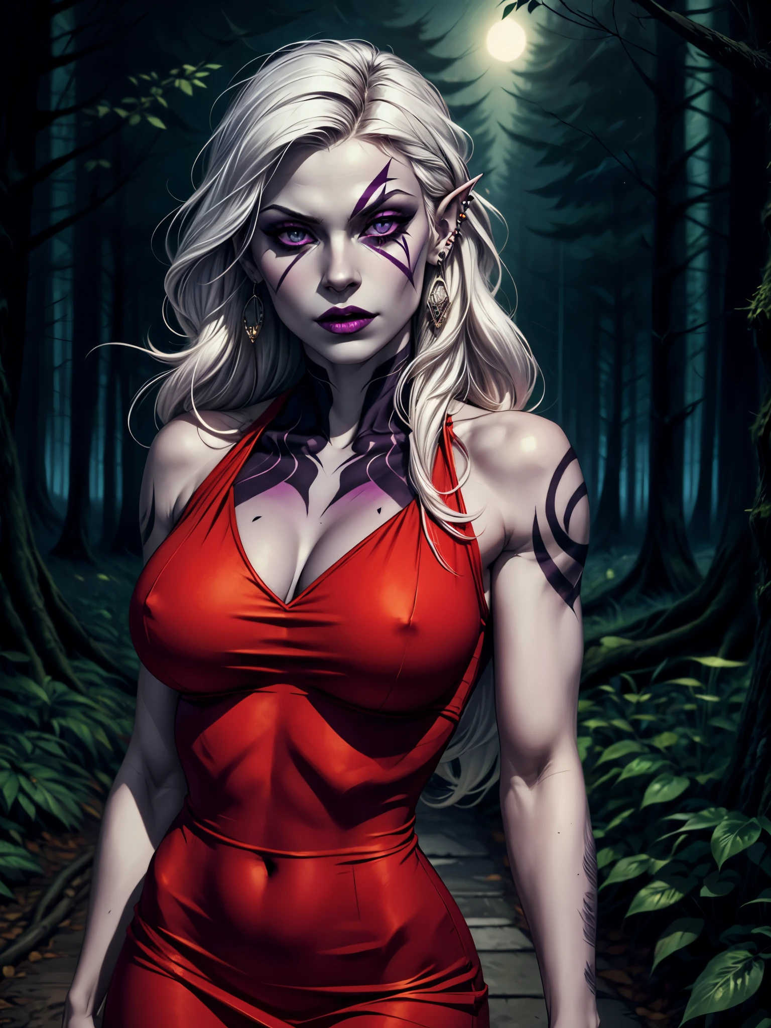 1girl, beautiful shenightborne, dark elf, drow, pale skin, dark purple skin, tattoo, facepaint, long white hair, jewels, earrings, piercing, red dress, forest, tree, night, dark atmosphere, athletic, volumetric lighting, best quality, masterpiece, realistic,