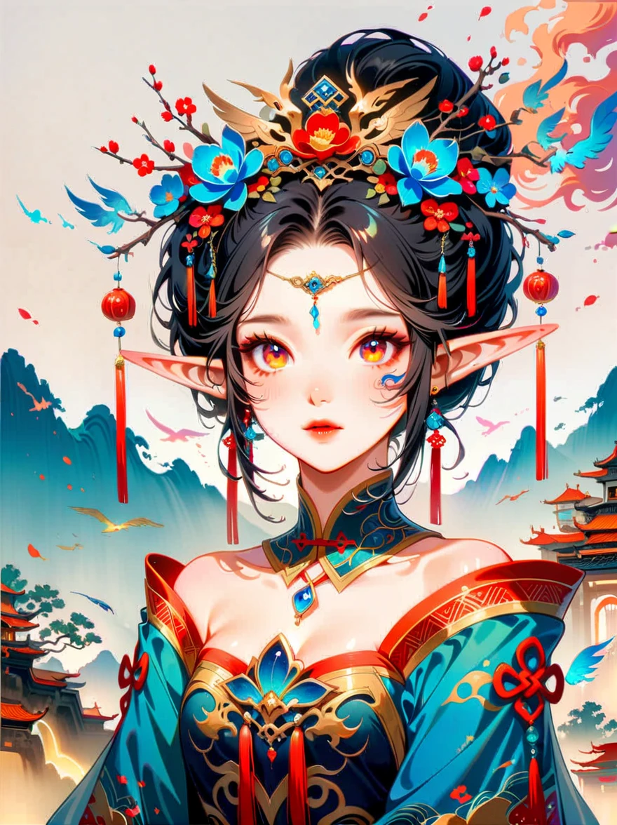 Ink painting, (((1 girl))), (((Tattoo in the middle of the forehead))),(((In the background is the Akatsuki moon))), (((Oiran))), (((Great hair accessories))), Demon possession, ((Masterpiece:1.2)), ((Highest quality)), (((Upper body covered))), Works of Chinese style masters，emitting，dream色彩，art，ethereal，dream，جمال قزم Beautiful，Detailed facial features，Glowing eyes，ethereal光辉，Fairy Legend，expression，dazzling colors，Stunning visual effects，otherworldly appearance，Fascinating artistry，Perfect anatomy，Single，Beautiful，kawaii，(First person offer, Throw, Ultra clear, Retina, Masterpiece, precise, Anatomically correct, Textured leather, Superior detail, Award winning, 8 k)
