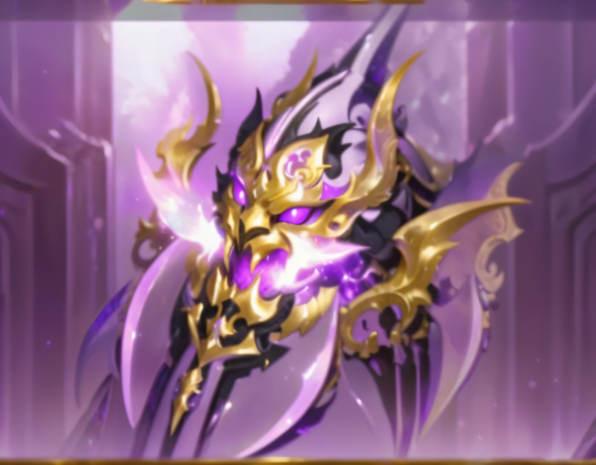 a close up of a sword in a game, ornate supreme demon overlord, purple glowing core in armor, shadow armor, sliver ice color reflected armor, sleek purple armor, shinning armor, purple armor, grimdark paladin, shadowverse style, gilded shiny armour, black fire color reflected armor, the golden cat armor knight