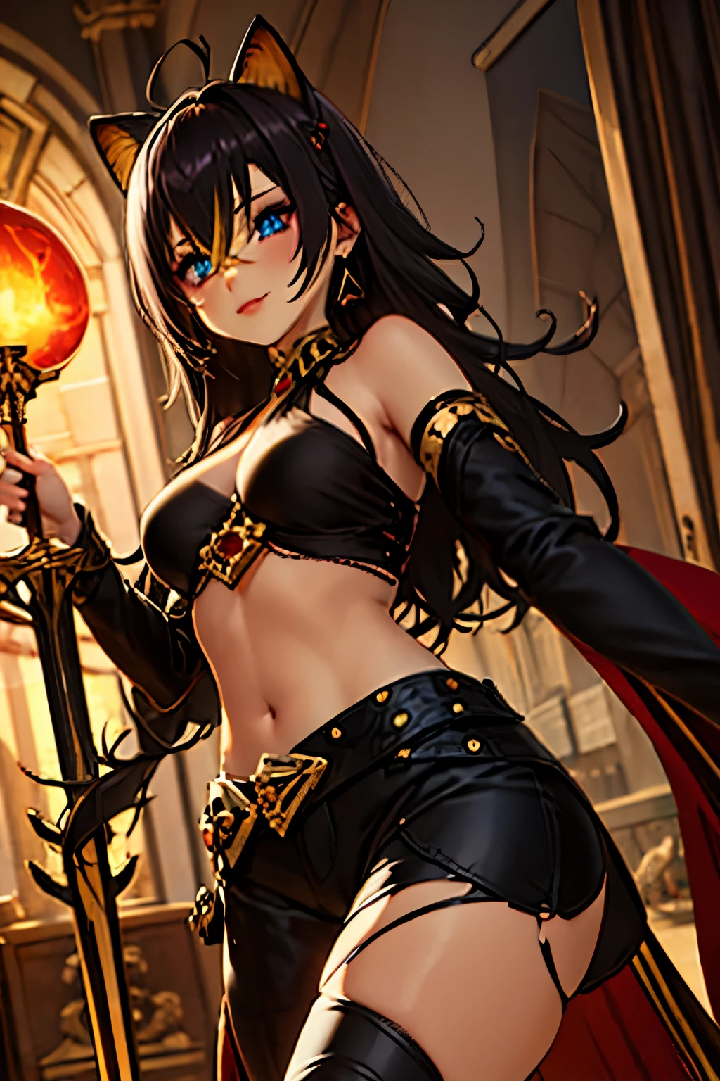 aggressive、strong、Confident々laughing at、Black long hair、Woman warrior、Dancer、Holding a sword、dancing passionately、Diagonal view from above、sexy、Erotic、Outstanding style、Fearless smile、Chest Armor、Waist armor、gauntlet、Knee pads