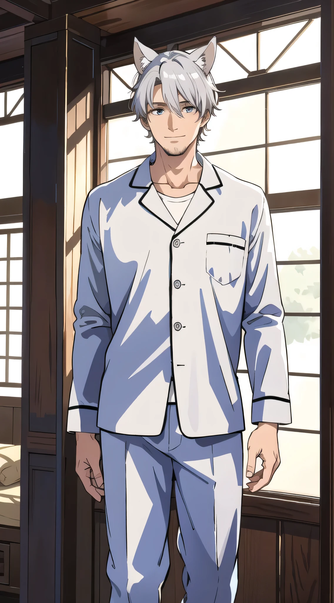 (highest quality, masterpiece，Standing picture，，animal ears), whole body, 1 male, 40 years old, wonderful, a handsome guy, gentle smile, silver hair, pajamas，